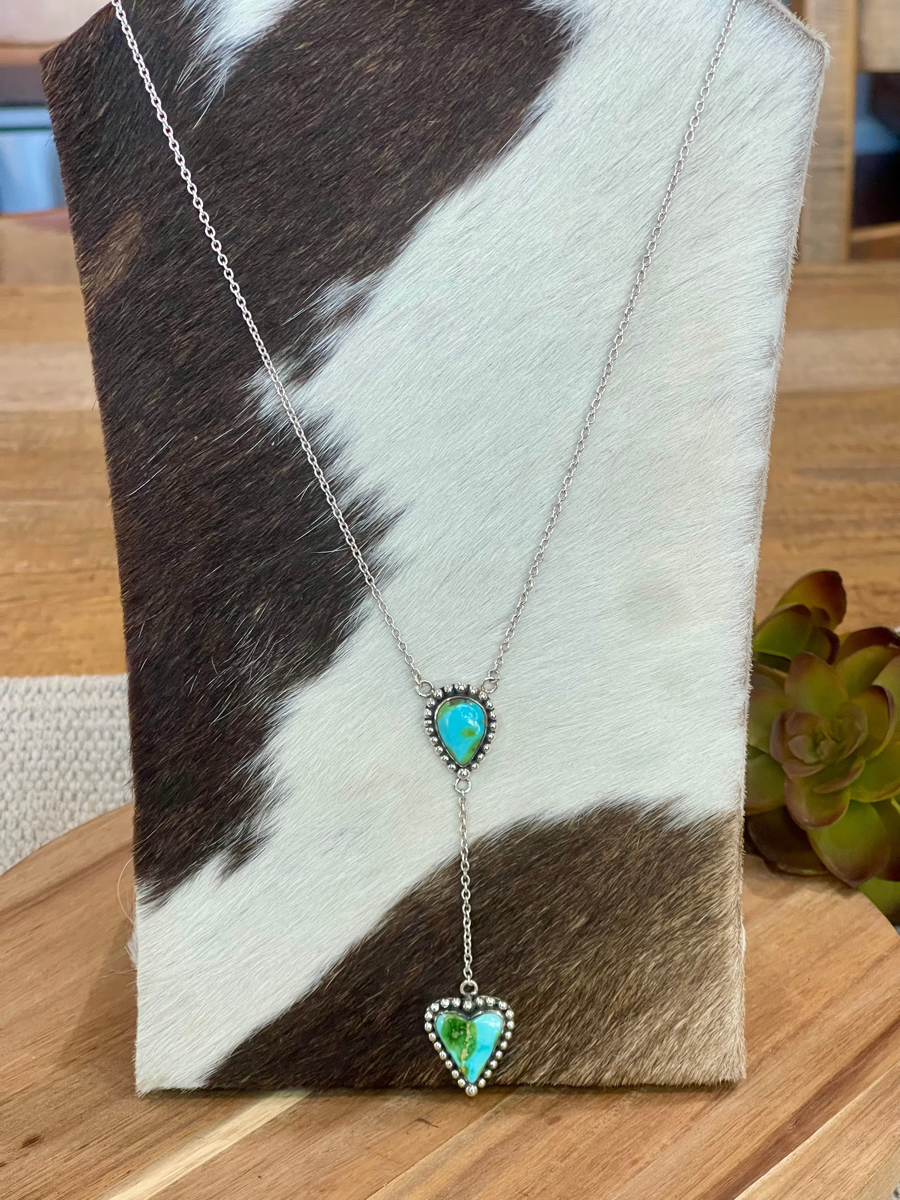 Handmade Sterling Silver & Sonoran Mountain Turquoise 2 Stone Drop Necklace